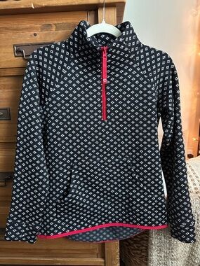 Talbots Black and White Knit Quarter-Zip Pullover with Red Trim